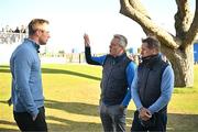 11 September 2024; Actor James Nesbitt, centre, with former champion jockey AP McCoy, right, and former rugby international Tommy Bowe during the Pro Am before the Amgen Irish Open Golf Championship 2024 at the Royal County Down Golf Club in Newcastle, Down. Photo by Sam Barnes/Sportsfile