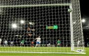10 September 2024; Greece goalkeeper Odysseas Vlachodimos reacts after conceding his side's first goal which is subsequently ruled offside during the UEFA Nations League B Group 2 match between Republic of Ireland and Greece at Aviva Stadium in Dublin. Photo by Michael P Ryan/Sportsfile