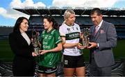 12 September 2024; Fermanagh star Eimear Smyth, second from left, is presented with the 2024 ZuCar Golden Boot award by Allyson McCarthy, ZuCar Marketing Manager, left, and Kerry goalkeeper Ciara Butler, second from right, is presented with the 2024 ZuCar Golden Glove award by LGFA President Mícheál Naughton. Eimear’s tally of 8-48 for the TG4 All-Ireland Junior champions ensured that the Derrygonnelly Harps player topped the individual scoring charts across the Junior, Intermediate and Senior grades in the All-Ireland series. Ciara’s brilliant save against Meath in the TG4 All-Ireland Senior Championship quarter-final, to tip a fierce Marion Farrelly effort over the crossbar, won the popular vote on the Ladies Gaelic Football Association website. Photo by Seb Daly/Sportsfile
