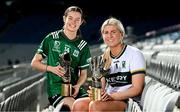 12 September 2024; Fermanagh star Eimear Smyth, left, with her 2024 ZuCar Golden Boot award, and Kerry goalkeeper Ciara Butler with her 2024 ZuCar Golden Glove award. Eimear’s tally of 8-48 for the TG4 All-Ireland Junior champions ensured that the Derrygonnelly Harps player topped the individual scoring charts across the Junior, Intermediate and Senior grades in the All-Ireland series. Ciara’s brilliant save against Meath in the TG4 All-Ireland Senior Championship quarter-final, to tip a fierce Marion Farrelly effort over the crossbar, won the popular vote on the Ladies Gaelic Football Association website. Photo by Seb Daly/Sportsfile