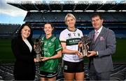 12 September 2024; Fermanagh star Eimear Smyth, second from left, is presented with the 2024 ZuCar Golden Boot award by Allyson McCarthy, ZuCar Marketing Manager, left, and Kerry goalkeeper Ciara Butler, second from right, is presented with the 2024 ZuCar Golden Glove award by LGFA President Mícheál Naughton. Eimear’s tally of 8-48 for the TG4 All-Ireland Junior champions ensured that the Derrygonnelly Harps player topped the individual scoring charts across the Junior, Intermediate and Senior grades in the All-Ireland series. Ciara’s brilliant save against Meath in the TG4 All-Ireland Senior Championship quarter-final, to tip a fierce Marion Farrelly effort over the crossbar, won the popular vote on the Ladies Gaelic Football Association website. Photo by Seb Daly/Sportsfile