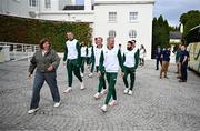 13 September 2024; Team Ireland athelete Thomas Barr, right, and OFI communications, PR and athletes' commission lead Heather Boyle arrive during the Team Ireland homecoming at Áras an Uachtaráin in Dublin. Photo by David Fitzgerald/Sportsfile