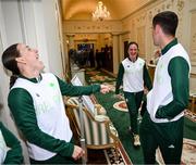 13 September 2024; Team Ireland boxers, from left, Michaela Walsh, Kellie Harrington and Aidan Walsh arrive during the Team Ireland homecoming at Áras an Uachtaráin in Dublin. Photo by David Fitzgerald/Sportsfile