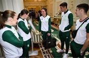 13 September 2024; Team Ireland boxers, from left, Jennifer Lehane, Michaela Walsh, Kellie Harrington and Aidan Walsh and Team Ireland gymnast Rhys McClenaghan during the Team Ireland homecoming at Áras an Uachtaráin in Dublin. Photo by David Fitzgerald/Sportsfile