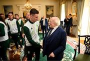 13 September 2024; Team Ireland taekwondo athlete Jack Woolley is greeted by The President of Ireland Michael D Higgins during the Team Ireland homecoming at Áras an Uachtaráin in Dublin. Photo by David Fitzgerald/Sportsfile