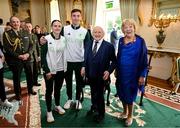 13 September 2024; Team Ireland boxers Michaela Walsh, left, and Aidan Walsh pose for a photograph with The President of Ireland Michael D Higgins and his wife Sabina Coyne during the Team Ireland homecoming at Áras an Uachtaráin in Dublin. Photo by David Fitzgerald/Sportsfile