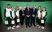 13 September 2024; Team Ireland boxing team, from left, Aidan Walsh, Michaela Walsh, Grainne Walsh, Kellie Harrington and Jennifer Lehane, with, from left, First Minister of Northern Ireland Michelle O’Neill, An Taoiseach Simon Harris TD and Tánaiste Micheál Martin TD, during the Team Ireland homecoming at the Dublin Castle Printworks in Dublin. Photo by Seb Daly/Sportsfile