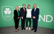 13 September 2024; Team Ireland taekwondo athlete Jack Woolley with First Minister of Northern Ireland Michelle O’Neill, left, An Taoiseach Simon Harris TD, and Tánaiste of Ireland Micheál Martin during the Team Ireland homecoming at the Dublin Castle Printworks in Dublin. Photo by Seb Daly/Sportsfile