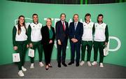 13 September 2024; Team Ireland sailors, from left, Eve McMahon, Sean Waddilove, Robert Dickson and Finn Lynch with First Minister of Northern Ireland Michelle O’Neill, centre, An Taoiseach Simon Harris TD, centre left, and Tánaiste Micheál Martin TD during the Team Ireland homecoming at the Dublin Castle Printworks in Dublin. Photo by Seb Daly/Sportsfile