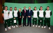13 September 2024; Team Ireland Hockey players, from left, with Ben Johnson, Michael Robson, Shane O'Donoghue, Tim Cross, Lee Cole and Jeremy Duncan with An Taoiseach Simon Harris TD, centre, First Minister of Northern Ireland Michelle O’Neill, centre left, and Tánaiste Micheál Martin TD during the Team Ireland homecoming at the Dublin Castle Printworks in Dublin. Photo by Seb Daly/Sportsfile