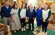 13 September 2024; Team Ireland boxers Gráinne Walsh, centre left, and Jennifer Lehane alongside Alan Swanton, right, and Sharon Madigan, second from left, with The President of Ireland Michael D Higgins and his wife Sabina Coyne during the Team Ireland homecoming at Áras an Uachtaráin in Dublin. Photo by David Fitzgerald/Sportsfile