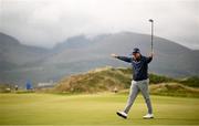 14 September 2024; Shane Lowry of Ireland celebrates a birdie putt on the third green during day three of the Amgen Irish Open Golf Championship 2024 at the Royal County Down Golf Club in Newcastle, Down. Photo by Ramsey Cardy/Sportsfile