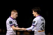 13 September 2024; Ross Tierney of Bohemians, left, celebrates with teammate Paddy Kirk after scoring their side's first goal during the Sports Direct Men's FAI Cup Quarter Final match between UCD and Bohemians at the UCD Bowl in Belfield, Dublin. Photo by Seb Daly/Sportsfile