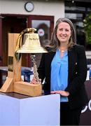 14 September 2024;  Former Ireland cricket international Cecelia Joyce before ringing the Roy Torrens bell before match one of the Women's T20 International Series between Ireland and England at Clontarf in Dublin. Photo by Piaras Ó Mídheach/Sportsfile