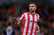 14 September 2024; Michael Duffy of Derry City gestures toward the Shelbourne supporters after scoring his side's first goal during the Sports Direct Men's FAI Cup Quarter Final match between Derry City and Shelbourne at the The Ryan McBride Brandywell Stadium in Derry. Photo by Ben McShane/Sportsfile