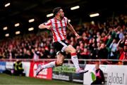 14 September 2024; Michael Duffy of Derry City celebrates after scoring his side's first goal during the Sports Direct Men's FAI Cup Quarter Final match between Derry City and Shelbourne at the The Ryan McBride Brandywell Stadium in Derry. Photo by Ben McShane/Sportsfile