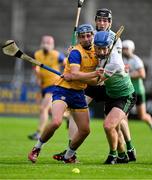 14 September 2024; Joe Kavanagh of Na Fianna in action against John Bellew of Lucan Sarsfields during the Dublin Senior 1 Hurling Championship Group 1 match between Lucan and Na Fianna at Parnell Park in Dublin. Photo by Stephen Marken/Sportsfile