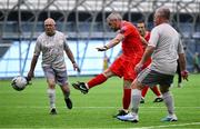 14 September 2024; Alan Hawkins of Shelbourne shoots to score a goal during the League of Ireland Walking Football Festival 2024 at the National Sports Indoor Centre in Dublin. Photo by Shauna Clinton/Sportsfile