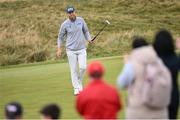 15 September 2024; Seamus Power of Ireland acknowledges the gallery after putting for a birdie on the second green during day four of the Amgen Irish Open Golf Championship 2024 at the Royal County Down Golf Club in Newcastle, Down. Photo by Ramsey Cardy/Sportsfile