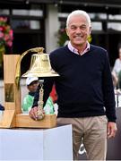 15 September 2024; Former Ireland cricketer Alan Lewis before ringing the Roy Torrens bell before match two of the Women's T20 International Series between Ireland and England at Clontarf in Dublin. Photo by Piaras Ó Mídheach/Sportsfile