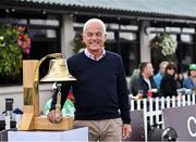 15 September 2024; Former Ireland cricketer Alan Lewis before ringing the Roy Torrens bell before match two of the Women's T20 International Series between Ireland and England at Clontarf in Dublin. Photo by Piaras Ó Mídheach/Sportsfile