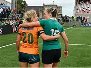 14 September 2024; Lucy Dinnen of Australia and Eimear Considine of Ireland in conversation after the Women's Rugby International match between Ireland and Australia at the Kingspan Stadium in Belfast. Photo by Oliver McVeigh/Sportsfile