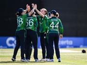 15 September 2024; Ireland players celebrate during match two of the Women's T20 International Series between Ireland and England at Clontarf in Dublin. Photo by Piaras Ó Mídheach/Sportsfile
