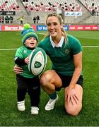 14 September 2024; Eimear Considine of Ireland with her baby boy Caolan after the Women's Rugby International match between Ireland and Australia at the Kingspan Stadium in Belfast. Photo by Oliver McVeigh/Sportsfile