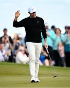 15 September 2024; Rory McIlroy of Northern Ireland after a birdie putt on the 11th green during day four of the Amgen Irish Open Golf Championship 2024 at the Royal County Down Golf Club in Newcastle, Down. Photo by Ramsey Cardy/Sportsfile
