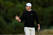 15 September 2024; Rory McIlroy of Northern Ireland acknowledges the gallery after a birdie putt on the 16th green during day four of the Amgen Irish Open Golf Championship 2024 at the Royal County Down Golf Club in Newcastle, Down. Photo by Ramsey Cardy/Sportsfile