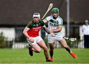 15 September 2024; Ross Whelan of James Stephens in action against Eoin Cody of Shamrocks Ballyhale during the Kilkenny Senior Hurling Championship Relegation Semi-Final match between James Stephens and Shamrocks Ballyhale at John Locke Park, Callan in Kilkenny. Photo by Shauna Clinton/Sportsfile