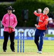 15 September 2024; Georgia Adams of England during match two of the Women's T20 International Series between Ireland and England at Clontarf in Dublin. Photo by Piaras Ó Mídheach/Sportsfile