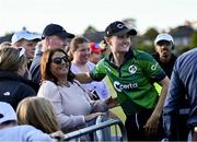 15 September 2024; Ireland captain Gaby Lewis celebrates after match two of the Women's T20 International Series between Ireland and England at Clontarf in Dublin. Photo by Piaras Ó Mídheach/Sportsfile