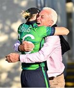 15 September 2024; Former Ireland cricketer Alan Lewis with his daughter Ireland captain Gaby Lewis after the match two of the Women's T20 International Series between Ireland and England at Clontarf in Dublin. Photo by Piaras Ó Mídheach/Sportsfile