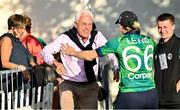 15 September 2024; Former Ireland cricketer Alan Lewis with his daughter Ireland captain Gaby Lewis after the match two of the Women's T20 International Series between Ireland and England at Clontarf in Dublin. Photo by Piaras Ó Mídheach/Sportsfile