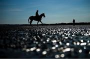 16 September 2024; Race horses and riders in the surf before the Laytown Races in Laytown, Meath. Photo by Ramsey Cardy/Sportsfile
