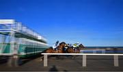 16 September 2024; Jeaniemacaroney, with Dylan Browne McMonagle up, leads at the start of the Pride Of Place Maiden at the Laytown Races in Laytown, Meath. Photo by Ramsey Cardy/Sportsfile