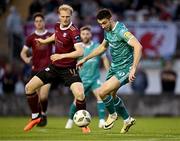 16 September 2024; Neil Farrugia of Shamrock Rovers in action against Vincent Borden of Galway United during the SSE Airtricity Men's Premier Division match between Galway United and Shamrock Rovers at Eamonn Deacy Park in Galway. Photo by Piaras Ó Mídheach/Sportsfile