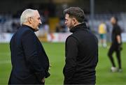 16 September 2024; Galway United manager John Caulfield and Shamrock Rovers manager Stephen Bradley, right, before the SSE Airtricity Men's Premier Division match between Galway United and Shamrock Rovers at Eamonn Deacy Park in Galway. Photo by Piaras Ó Mídheach/Sportsfile