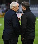 16 September 2024; Galway United manager John Caulfield and Shamrock Rovers manager Stephen Bradley, right, before the SSE Airtricity Men's Premier Division match between Galway United and Shamrock Rovers at Eamonn Deacy Park in Galway. Photo by Piaras Ó Mídheach/Sportsfile