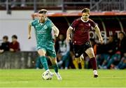 16 September 2024; Jack Byrne of Shamrock Rovers in action against Colm Horgan of Galway United during the SSE Airtricity Men's Premier Division match between Galway United and Shamrock Rovers at Eamonn Deacy Park in Galway. Photo by Piaras Ó Mídheach/Sportsfile