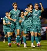 16 September 2024; Marc McNulty of Shamrock Rovers, second from right, celebrates with team-mate Dylan Watts, right, after scoring their side's first goal during the SSE Airtricity Men's Premier Division match between Galway United and Shamrock Rovers at Eamonn Deacy Park in Galway. Photo by Piaras Ó Mídheach/Sportsfile