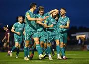 16 September 2024; Marc McNulty of Shamrock Rovers, second from right, celebrates with team-mates, from left, Neil Farrugia, Daniel Cleary and Dylan Watts, right, after scoring their side's first goal during the SSE Airtricity Men's Premier Division match between Galway United and Shamrock Rovers at Eamonn Deacy Park in Galway. Photo by Piaras Ó Mídheach/Sportsfile