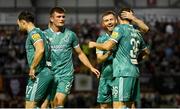 16 September 2024; Marc McNulty of Shamrock Rovers, right, celebrates with team-mate Jack Byrne after scoring their side's first goal during the SSE Airtricity Men's Premier Division match between Galway United and Shamrock Rovers at Eamonn Deacy Park in Galway. Photo by Piaras Ó Mídheach/Sportsfile