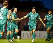 16 September 2024; Marc McNulty of Shamrock Rovers, second from right, celebrates scoring his side's first goal during the SSE Airtricity Men's Premier Division match between Galway United and Shamrock Rovers at Eamonn Deacy Park in Galway. Photo by Piaras Ó Mídheach/Sportsfile