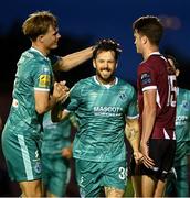 16 September 2024; Marc McNulty of Shamrock Rovers, centre, celebrates with team-mates Daniel Cleary after scoring their side's first goal during the SSE Airtricity Men's Premier Division match between Galway United and Shamrock Rovers at Eamonn Deacy Park in Galway. Photo by Piaras Ó Mídheach/Sportsfile
