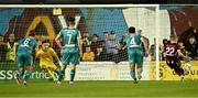 16 September 2024; Conor McCormack of Galway United shoots to score his side's first goal, from a penalty, past Shamrock Rovers goalkeeper Leon Pohls during the SSE Airtricity Men's Premier Division match between Galway United and Shamrock Rovers at Eamonn Deacy Park in Galway. Photo by Piaras Ó Mídheach/Sportsfile