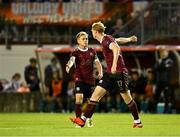 16 September 2024; Conor McCormack of Galway United celebrates with team-mate Vincent Borden, right, after scoring his side's first goal, from a penalty, during the SSE Airtricity Men's Premier Division match between Galway United and Shamrock Rovers at Eamonn Deacy Park in Galway. Photo by Piaras Ó Mídheach/Sportsfile