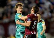 16 September 2024; Daniel Cleary of Shamrock Rovers tussles with Greg Cunningham of Galway United late in the first half during the SSE Airtricity Men's Premier Division match between Galway United and Shamrock Rovers at Eamonn Deacy Park in Galway. Photo by Piaras Ó Mídheach/Sportsfile
