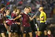 16 September 2024; Stephen Walsh of Galway United in conversation with referee Neil Doyle during the SSE Airtricity Men's Premier Division match between Galway United and Shamrock Rovers at Eamonn Deacy Park in Galway. Photo by Piaras Ó Mídheach/Sportsfile